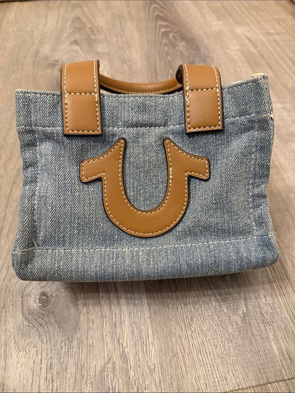 True Religion Light Blue Denim Mini Tote with Tan Accents